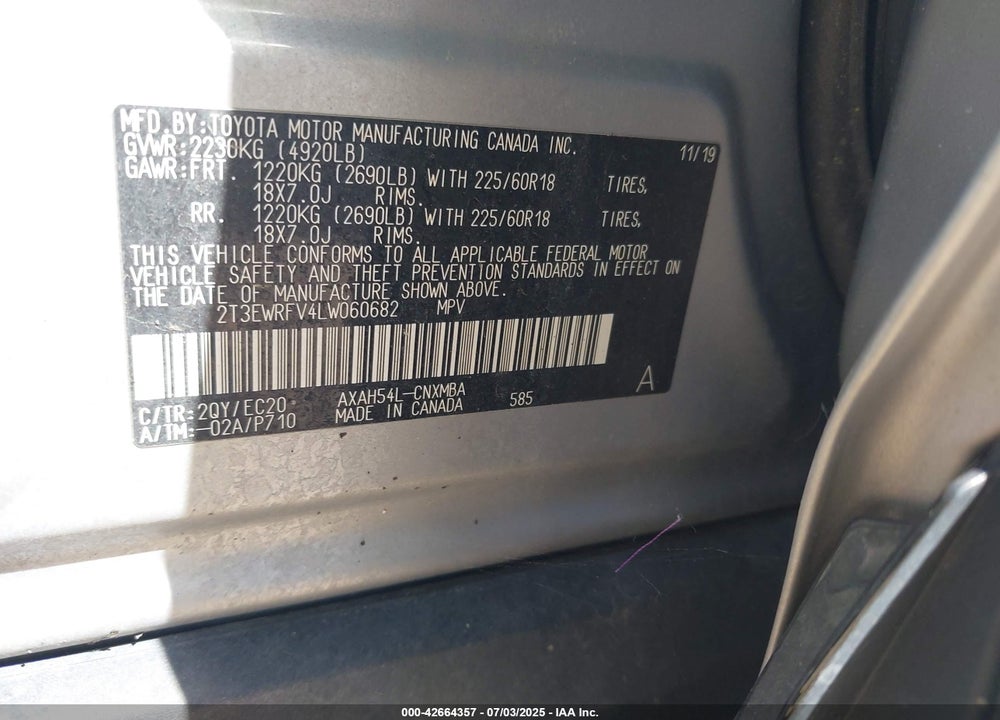 2020 TOYOTA RAV4 HYBRID VIN: 2T3EWRFV4LW060682