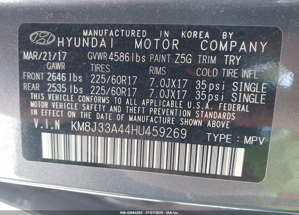 2017 HYUNDAI TUCSON VIN: KM8J33A44HU459269