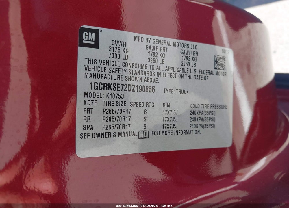 2013 CHEVROLET SILVERADO 1500 VIN: 1GCRKSE72DZ190856