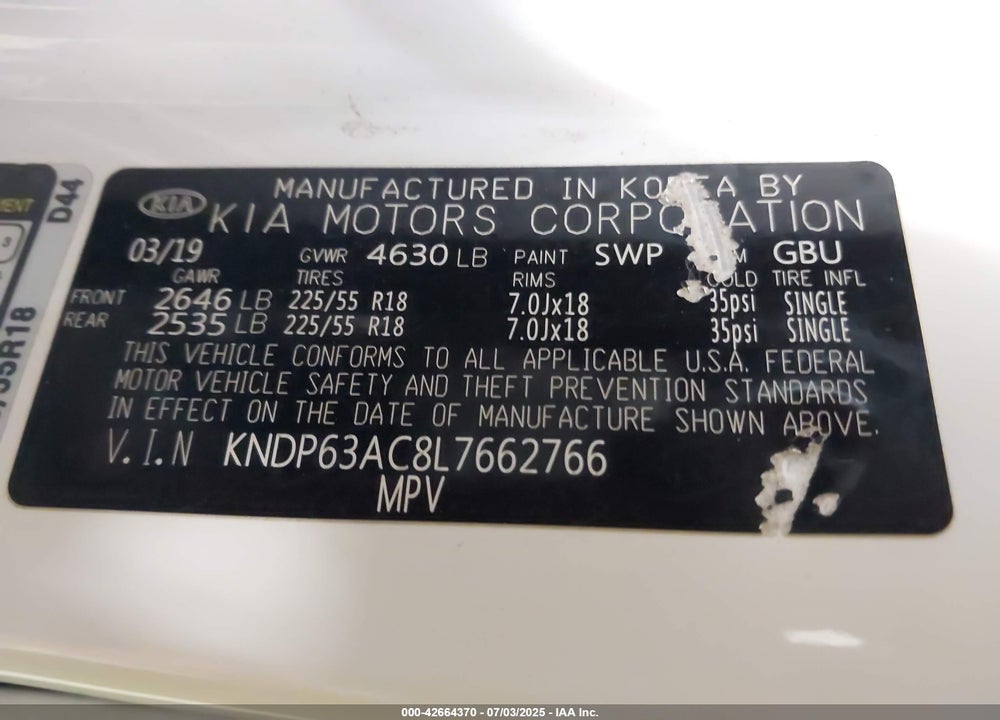2020 KIA SPORTAGE VIN: KNDP63AC8L7662766