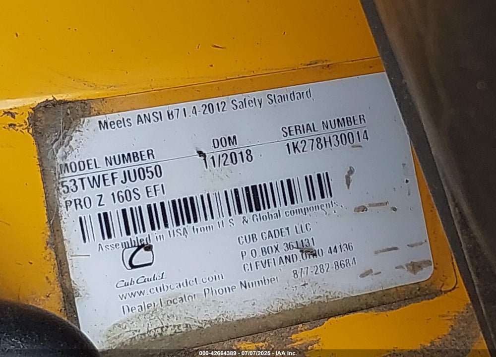 2019 CUB CADET LAWN TRACTOR VIN: 0000001K278H30014
