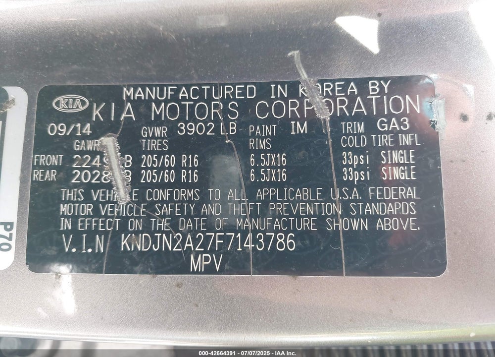2015 KIA SOUL VIN: KNDJN2A27F7143786