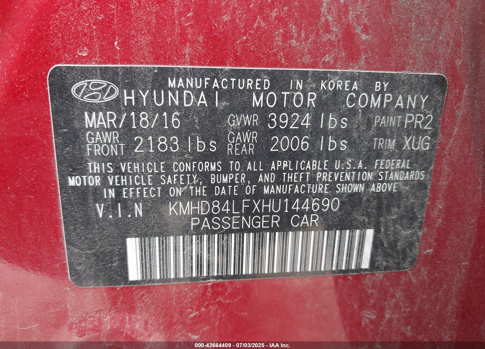 2017 HYUNDAI ELANTRA VIN: KMHD84LFXHU144690