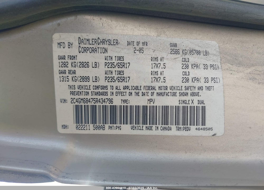 2005 CHRYSLER PACIFICA TOURING VIN: 2C4GM68475R434796
