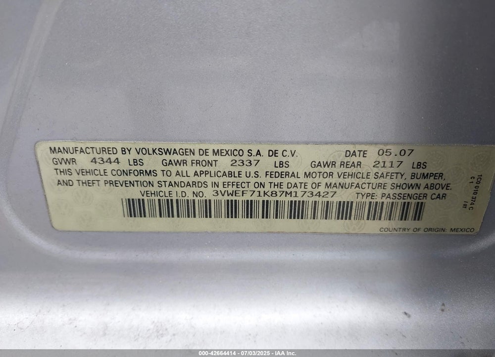 2007 VOLKSWAGEN JETTA VIN: 3VWEF71K87M173427