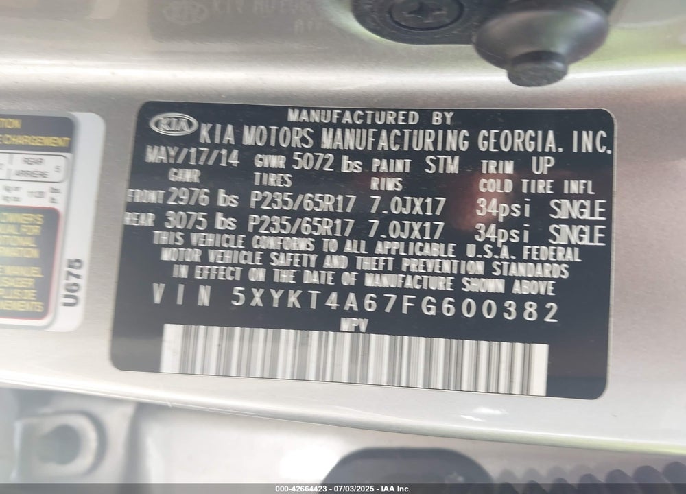 2015 KIA SORENTO VIN: 5XYKT4A67FG600382