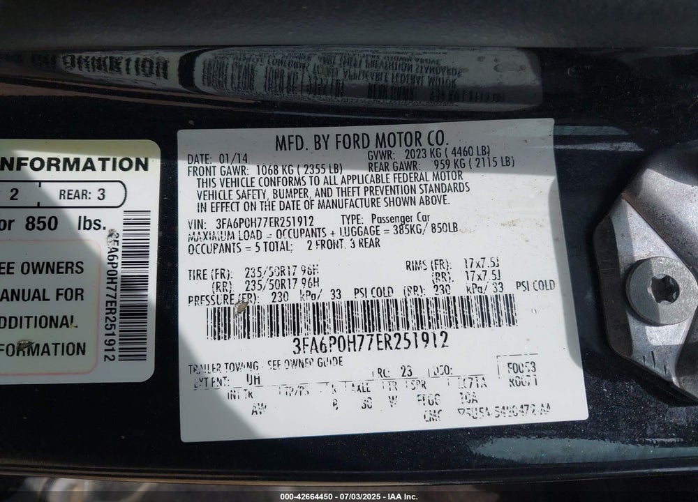 2014 FORD FUSION SE VIN: 3FA6P0H77ER251912
