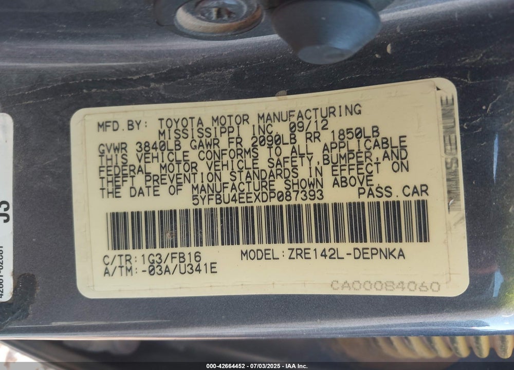2013 TOYOTA COROLLA LE VIN: 5YFBU4EEXDP087393