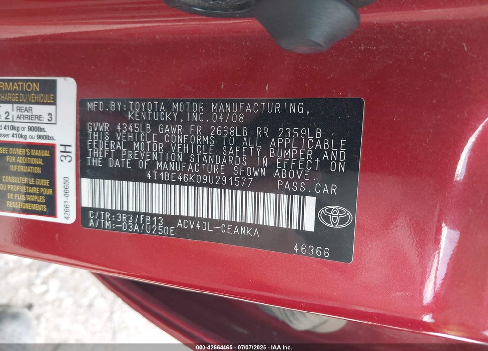 2009 TOYOTA CAMRY VIN: 4T1BE46K09U291577