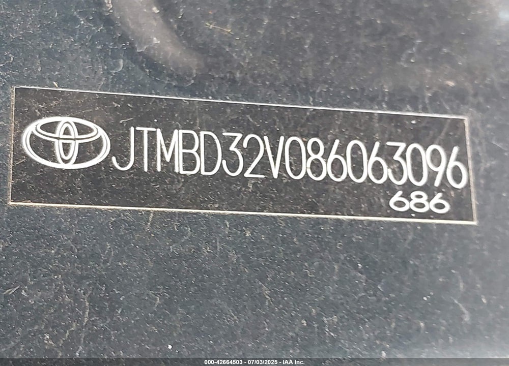 2008 TOYOTA RAV4 VIN: JTMBD32V086063096