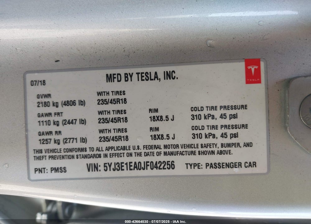 2018 TESLA MODEL 3 VIN: 5YJ3E1EA0JF042256
