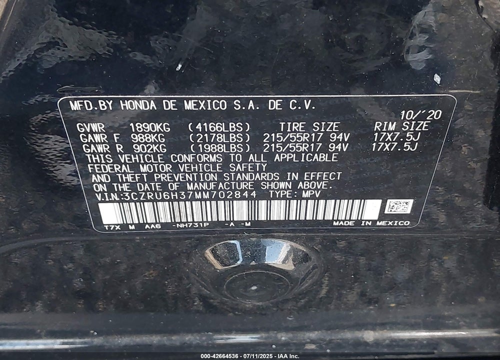 2021 HONDA HR-V VIN: 3CZRU6H37MM702844