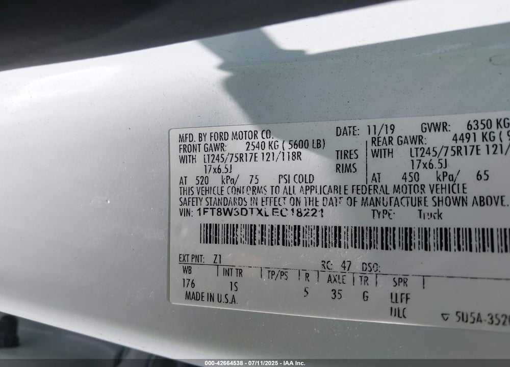 2020 FORD F-350 XL VIN: 1FT8W3DTXLEC18221