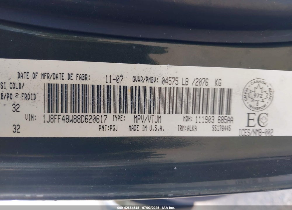 2008 JEEP PATRIOT LIMITED VIN: 1J8FF48W88D620617