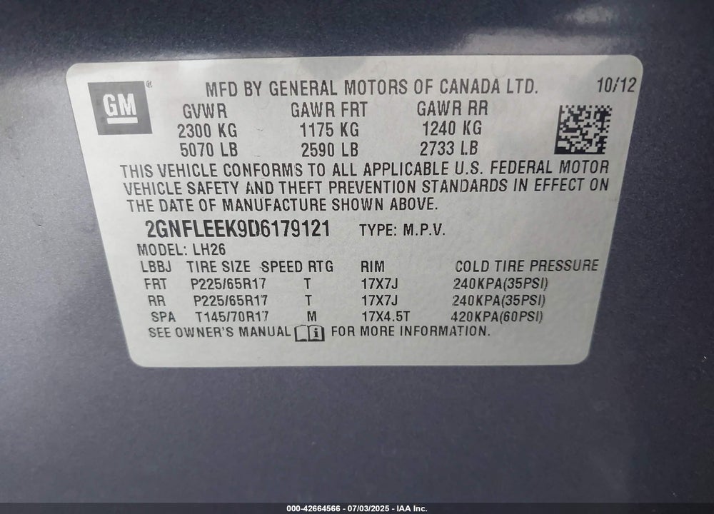 2013 CHEVROLET EQUINOX VIN: 2GNFLEEK9D6179121