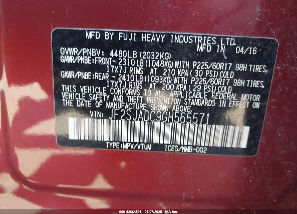 2016 SUBARU FORESTER VIN: JF2SJADC9GH565571