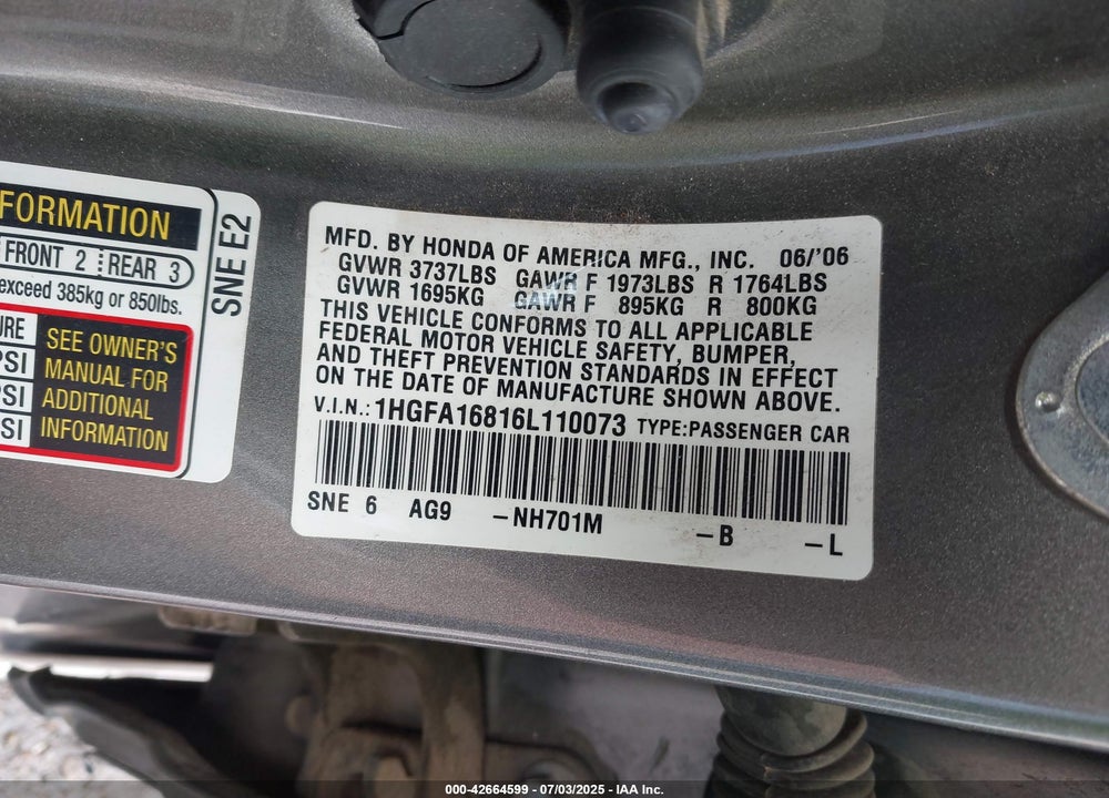 2006 HONDA CIVIC VIN: 1HGFA16816L110073