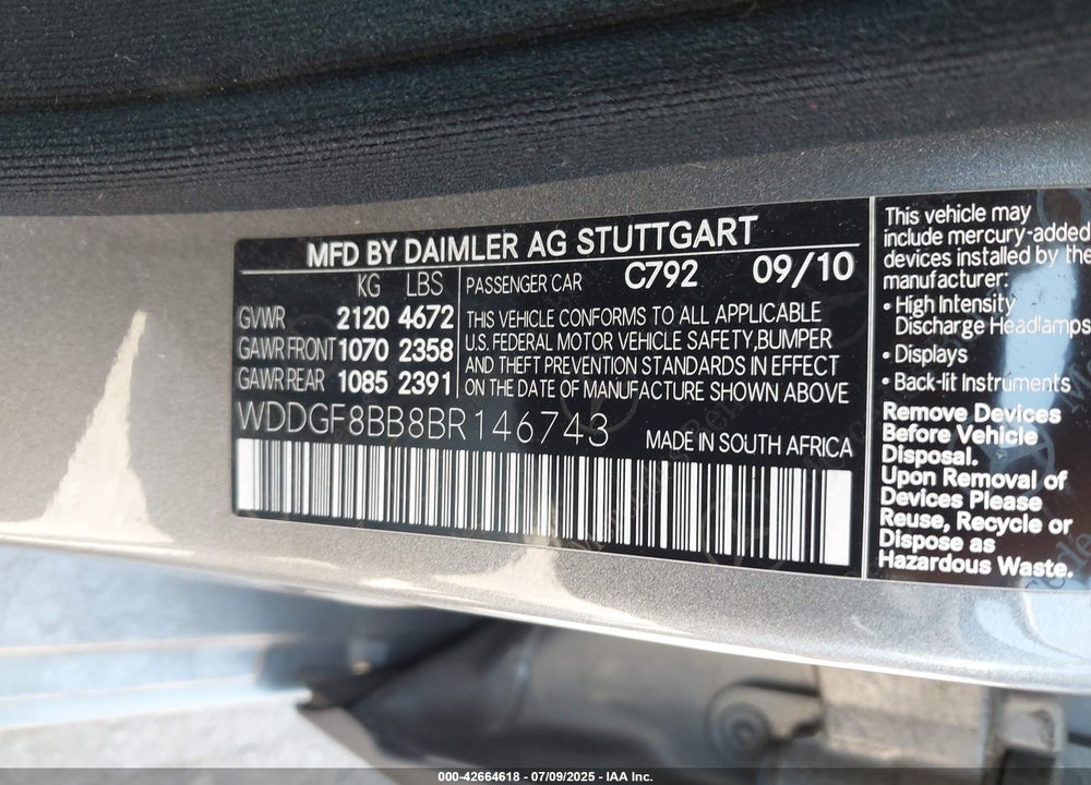 2011 MERCEDES-BENZ C CLASS VIN: WDDGF8BB8BR146743