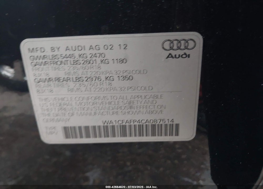 2012 AUDI Q5 VIN: WA1CFAFP4CA087514