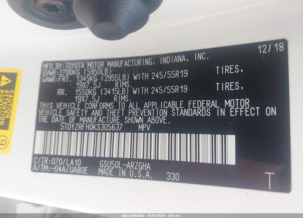 2019 TOYOTA HIGHLANDER VIN: 5TDYZRFH0KS305637