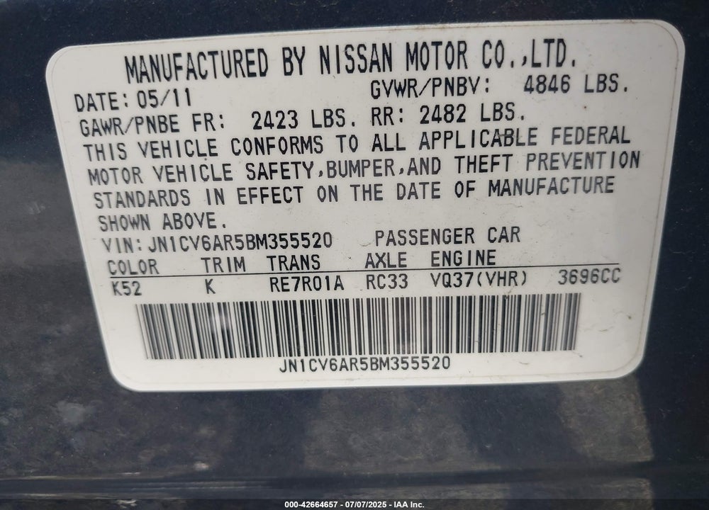 2011 INFINITI G37 VIN: JN1CV6AR5BM355520