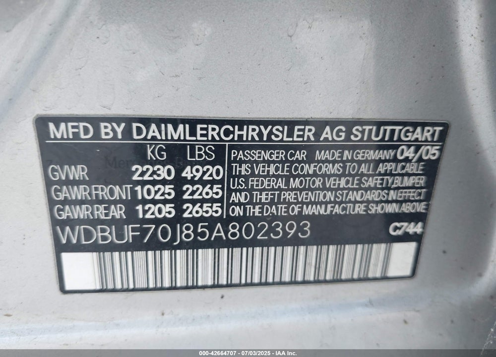 2005 MERCEDES-BENZ E 500 VIN: WDBUF70J85A802393
