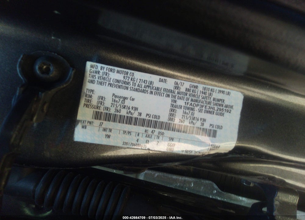 2017 FORD FOCUS VIN: 1FADP3FE3HL295192