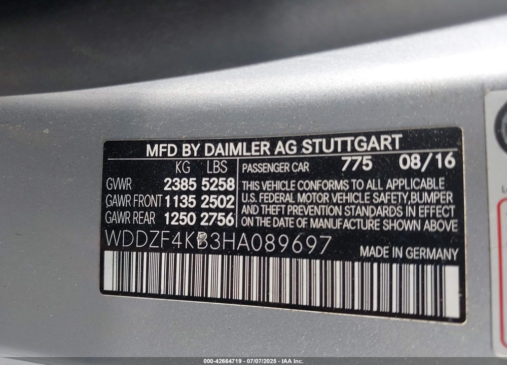 2017 MERCEDES-BENZ E-CLASS VIN: WDDZF4KB3HA089697