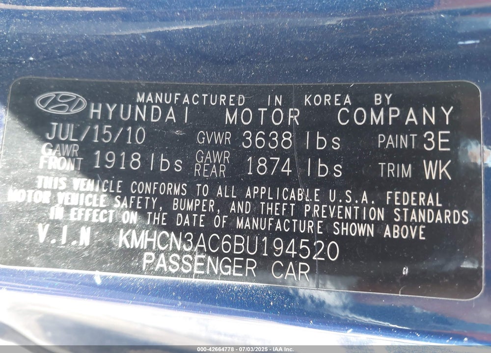 2011 HYUNDAI ACCENT VIN: KMHCN3AC6BU194520