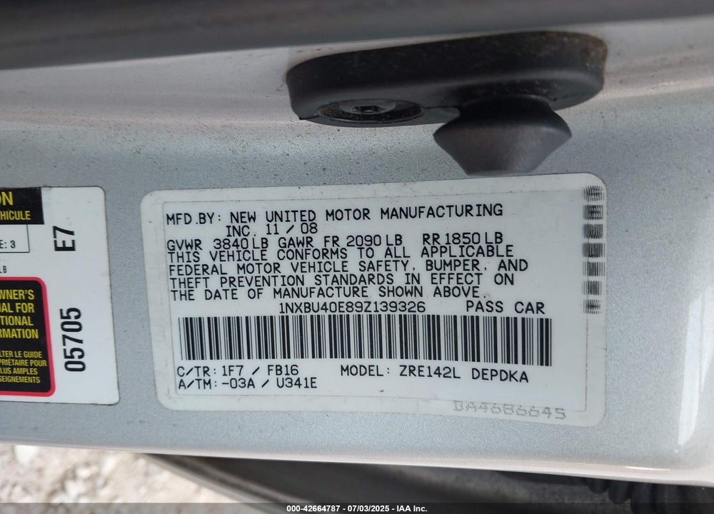 2009 TOYOTA COROLLA VIN: 1NXBU40E89Z139326