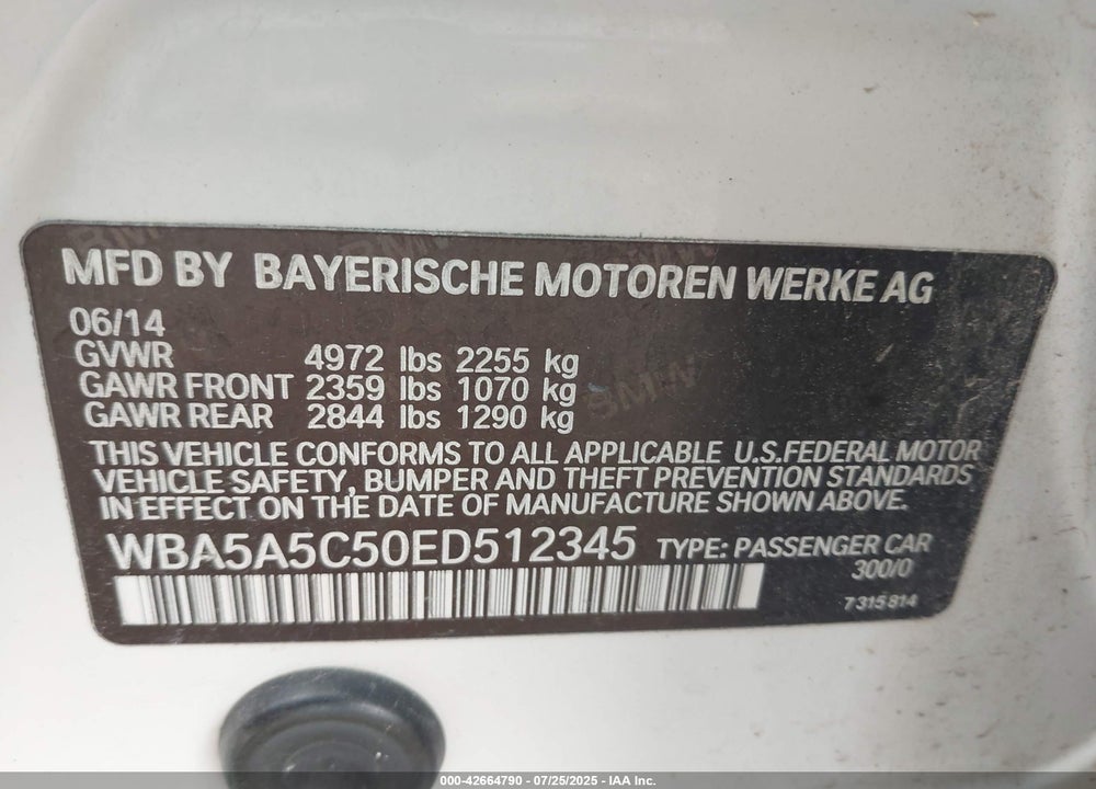 2014 BMW 5 SERIES VIN: WBA5A5C50ED512345