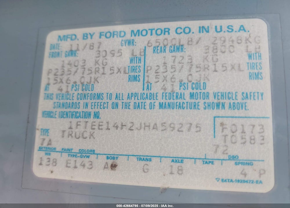 1988 FORD ECONOLINE E150 VAN VIN: 1FTEE14H2JHA59275