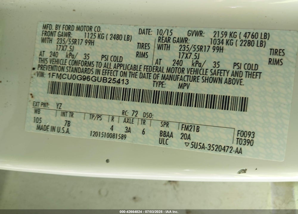 2016 FORD ESCAPE VIN: 1FMCU0G96GUB25413