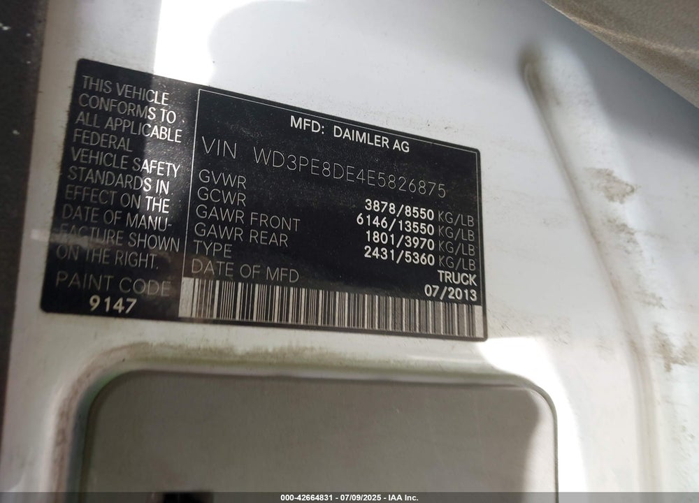 2014 MERCEDES-BENZ SPRINTER 2500 HIGH ROOF VIN: WD3PE8DE4E5826875