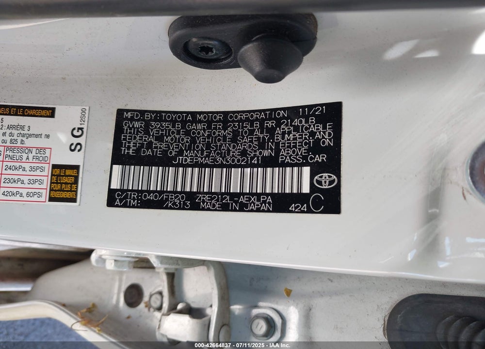 2022 TOYOTA COROLLA LE VIN: JTDEPMAE3N3002141