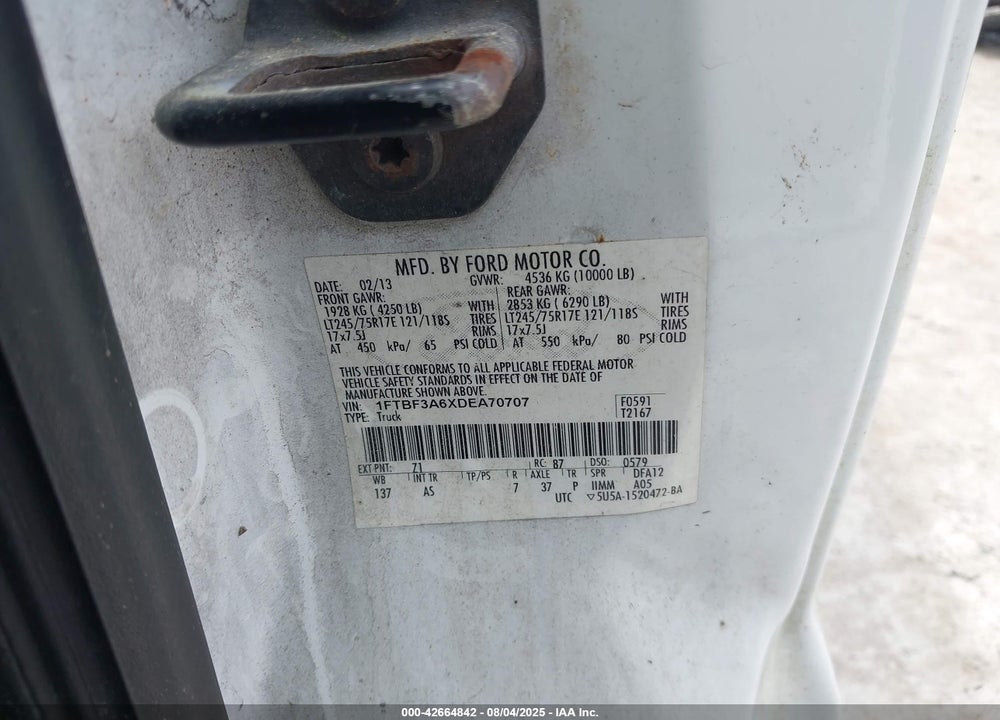 2013 FORD F 350 VIN: 1FTBF3A6XDEA70707