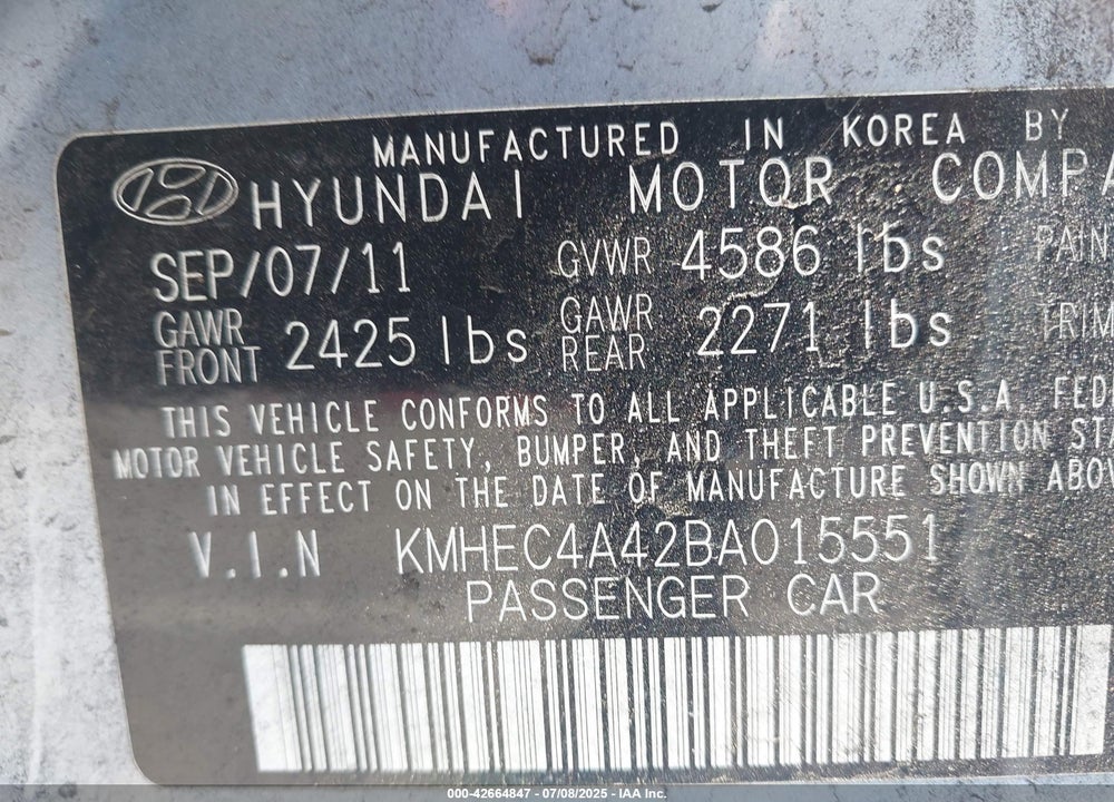2011 HYUNDAI SONATA HYBRID VIN: KMHEC4A42BA015551