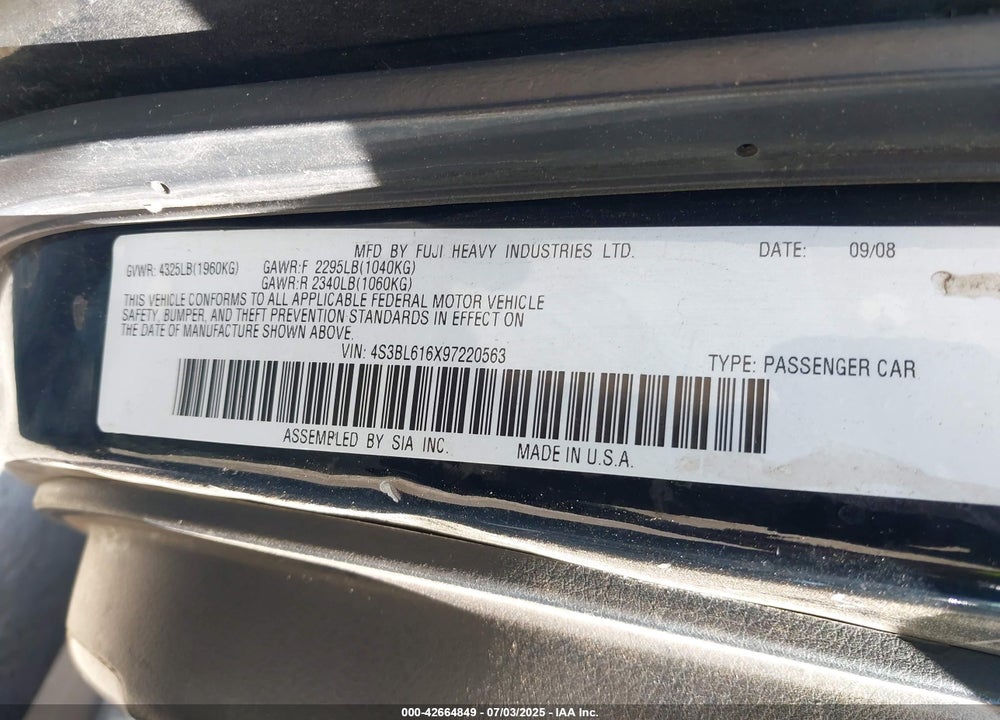 2009 SUBARU LEGACY VIN: 4S3BL616X97220563