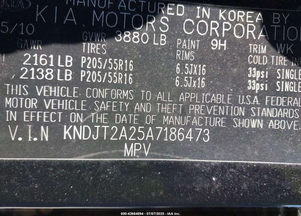 2010 KIA SOUL VIN: KNDJT2A25A7186473