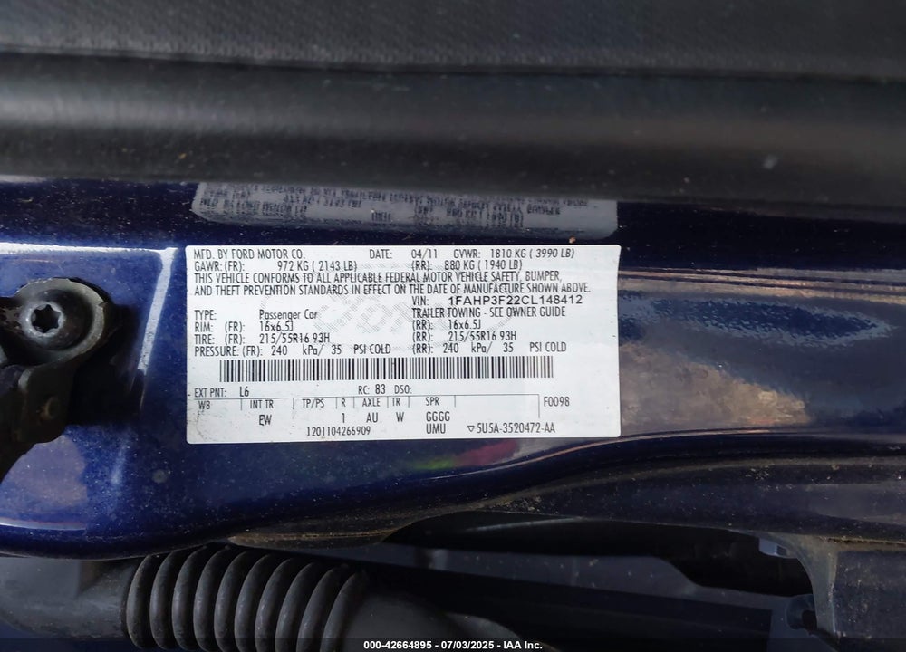 2012 FORD FOCUS VIN: 1FAHP3F22CL148412