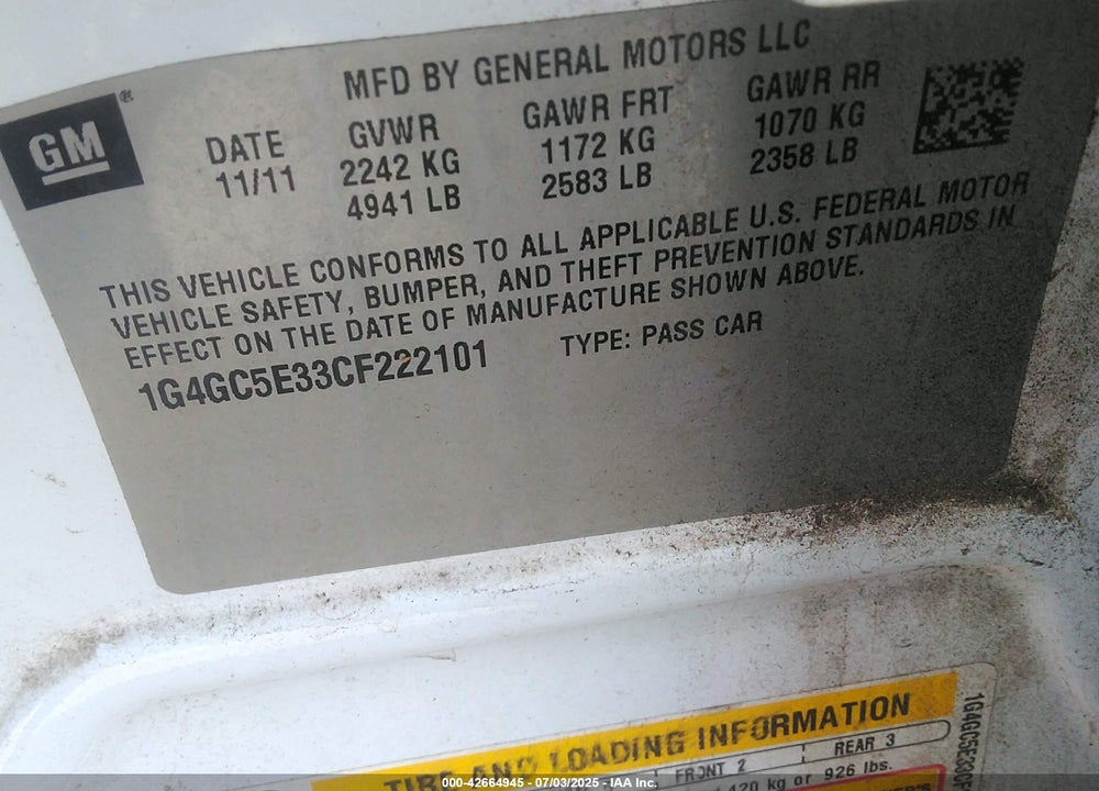 2012 BUICK LACROSSE VIN: 1G4GC5E33CF222101