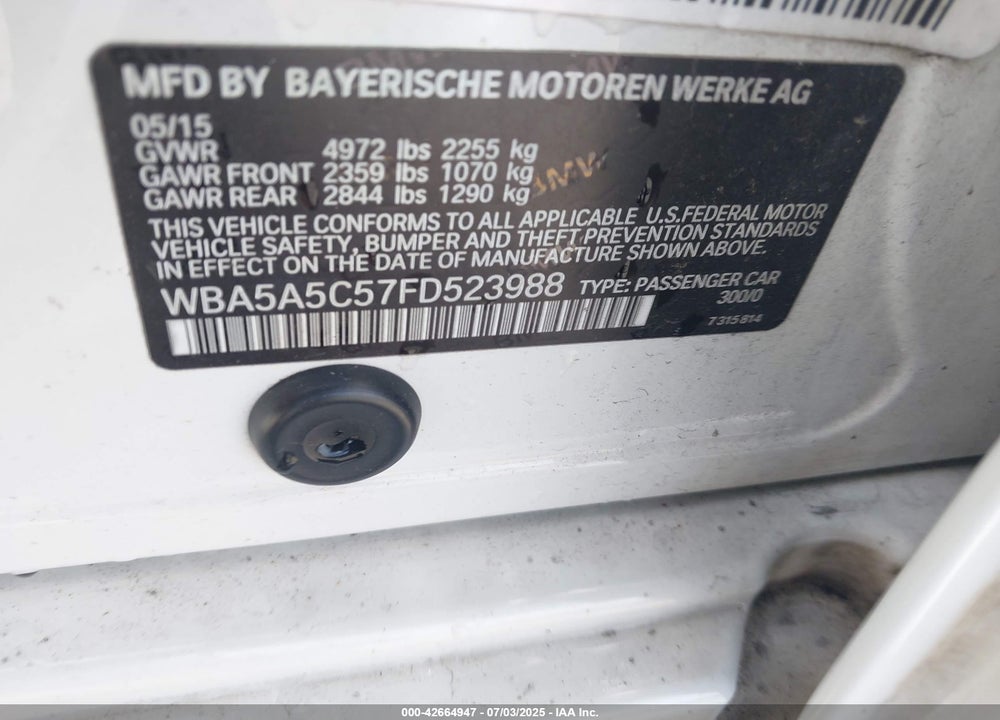2015 BMW 5 SERIES VIN: WBA5A5C57FD523988