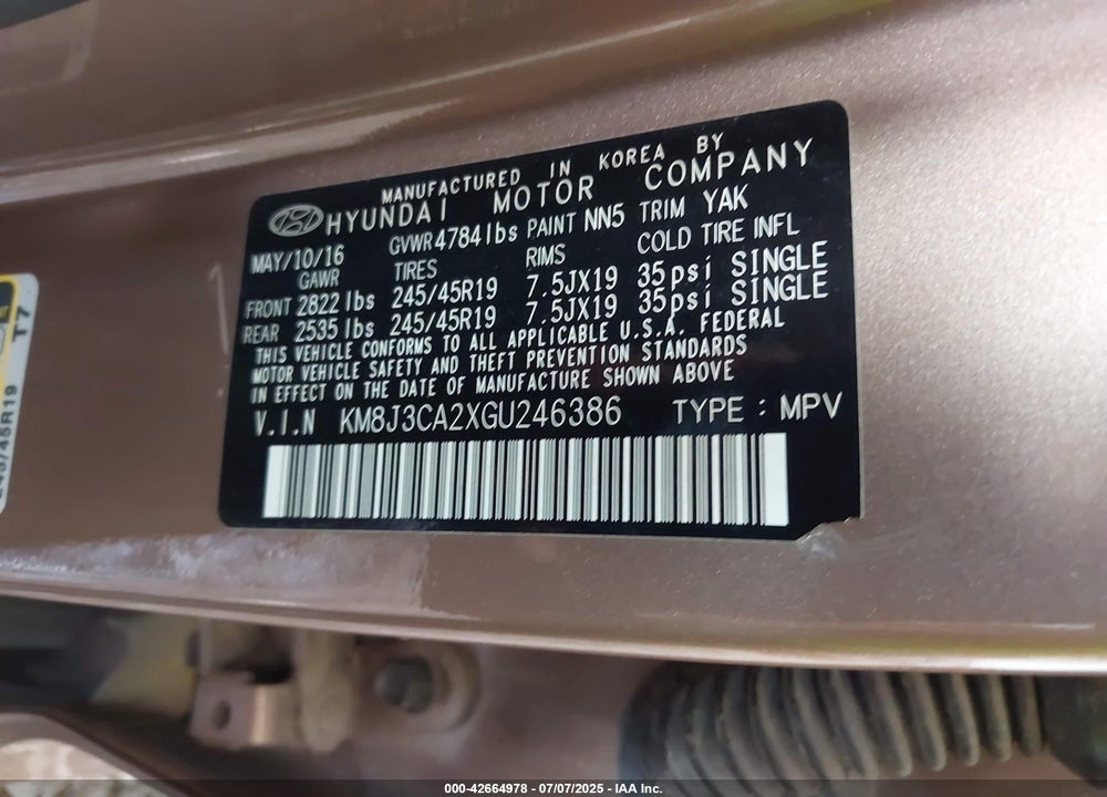 2016 HYUNDAI TUCSON VIN: KM8J3CA2XGU246386