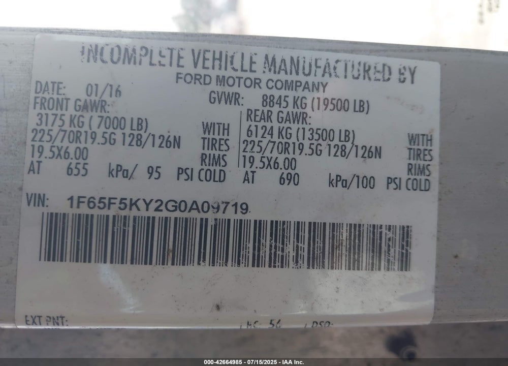 2016 FORD F-59 COMMERCIAL STRIPPED VIN: 1F65F5KY2G0A09719