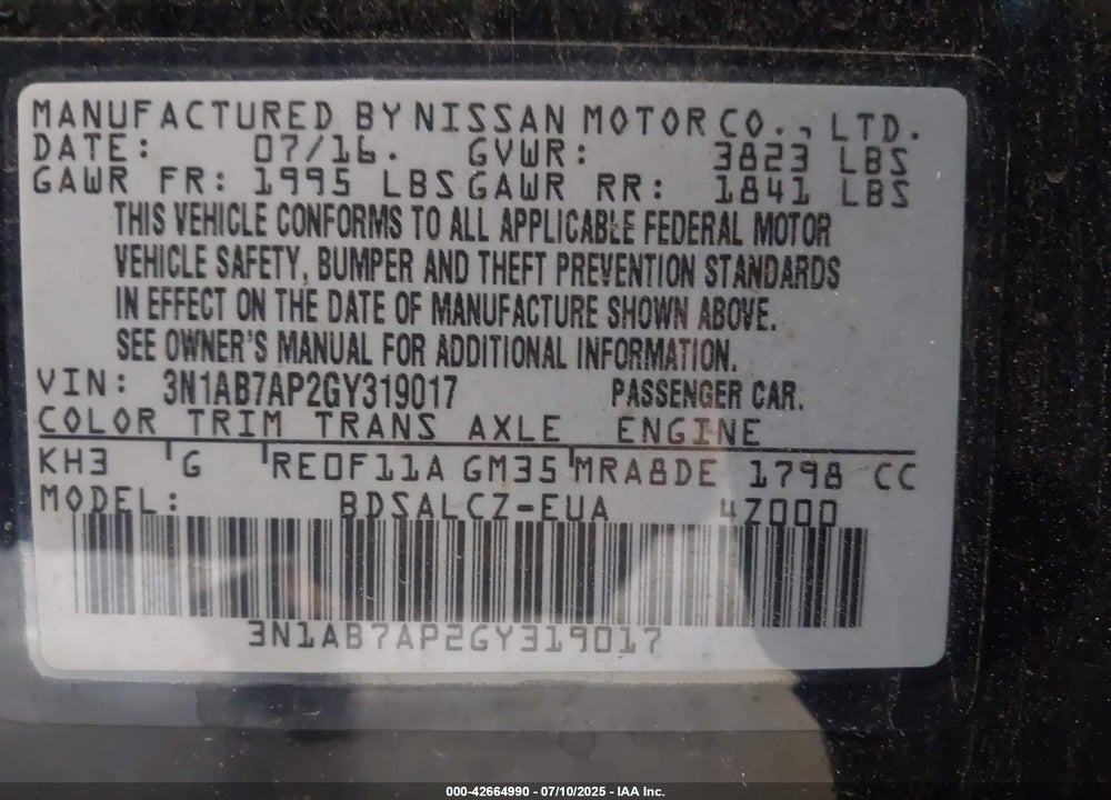 2016 NISSAN SENTRA VIN: 3N1AB7AP2GY319017
