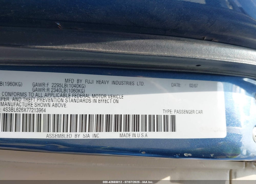 2007 SUBARU LEGACY 2.5I LIMITED VIN: 4S3BL626X77213964