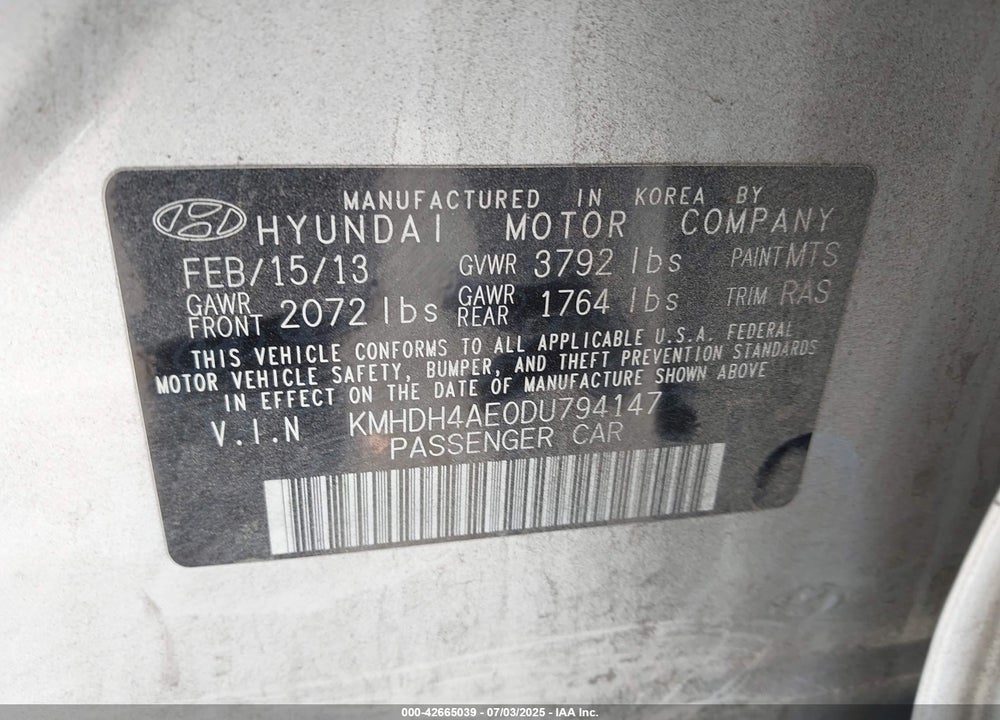 2013 HYUNDAI ELANTRA VIN: KMHDH4AE0DU794147