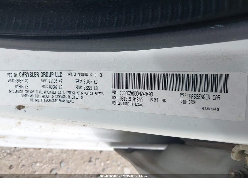 2013 DODGE AVENGER VIN: 1C3CDZAG3DN748403