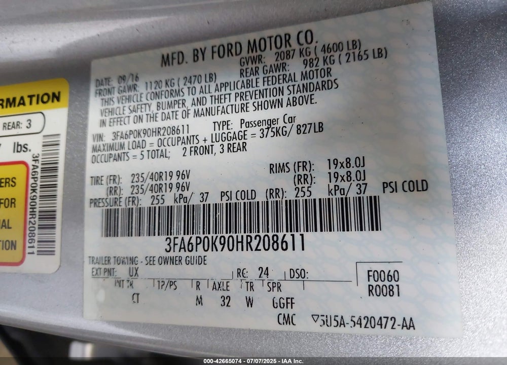 2017 FORD FUSION VIN: 3FA6P0K90HR208611