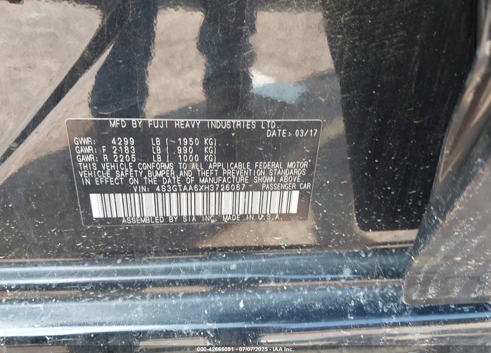 2017 SUBARU IMPREZA VIN: 4S3GTAA6XH3726067